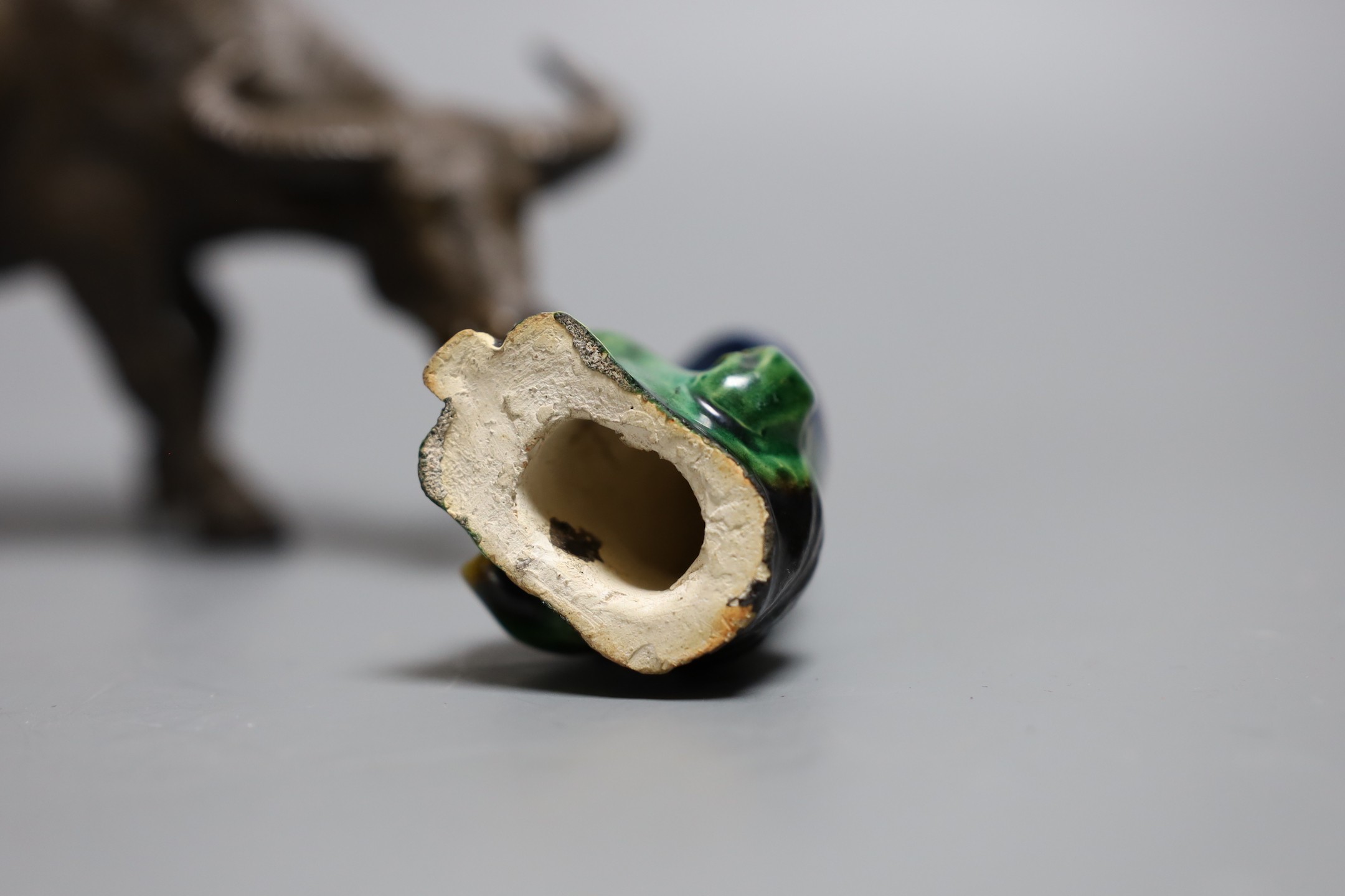 A Chinese Shiwan group of a girl on a buffalo and another, Girl on buffalo 20cms wide